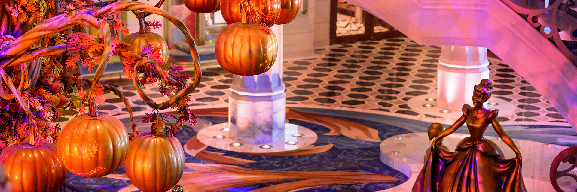 Halloween Lobby on the Wish; Cinderella Lobby Statue, Pumpkins