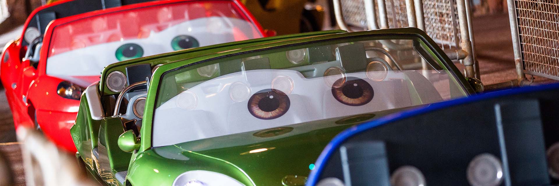 Radiator Springs; Lightning McQueen; Chick Hicks; Sally Carrera lined up