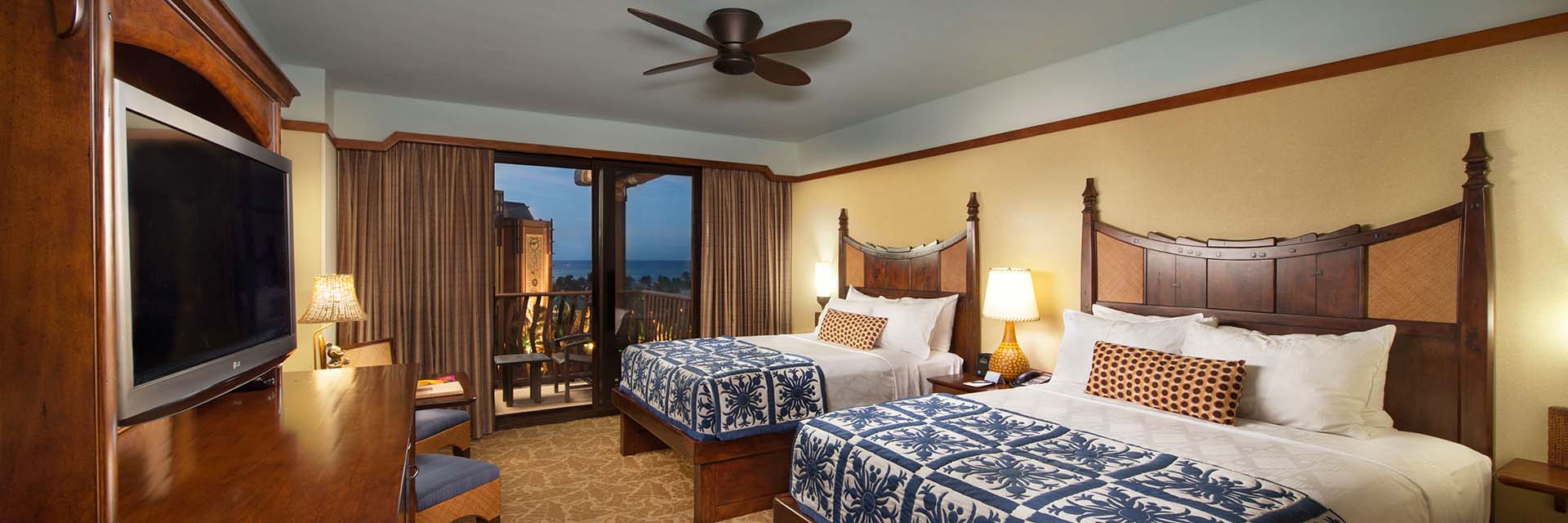 Resort bedroom in the evening; aulani