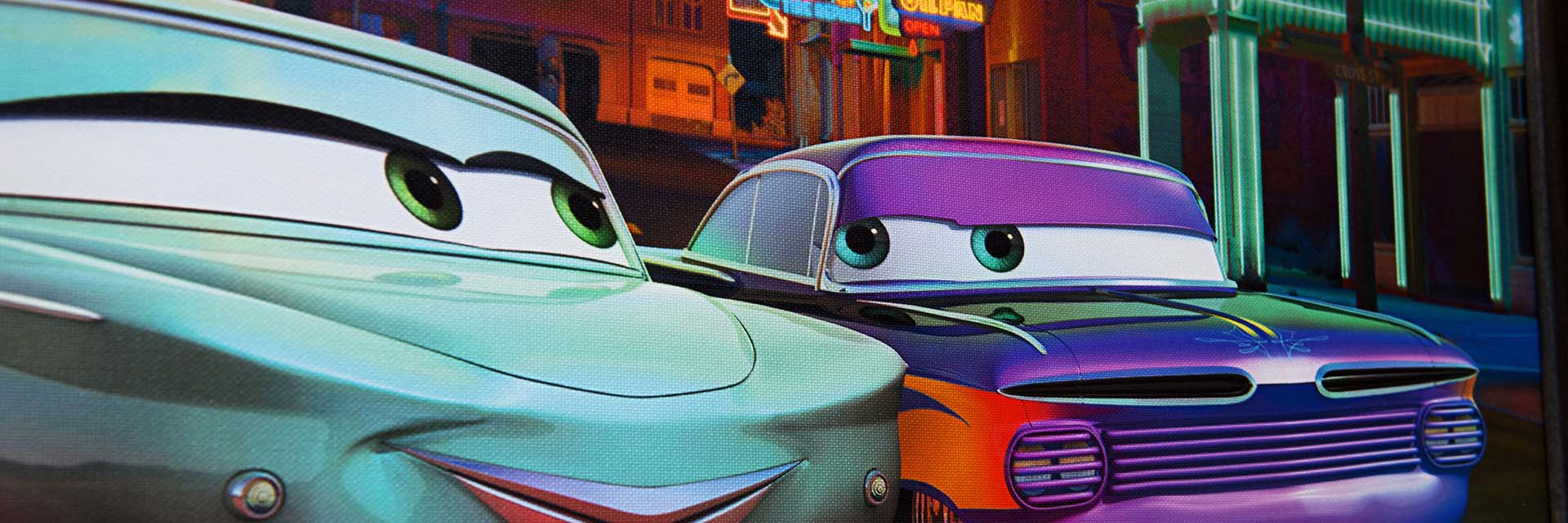 Flo and Ramone (from Cars) staring at each other; Cars Land; DLR