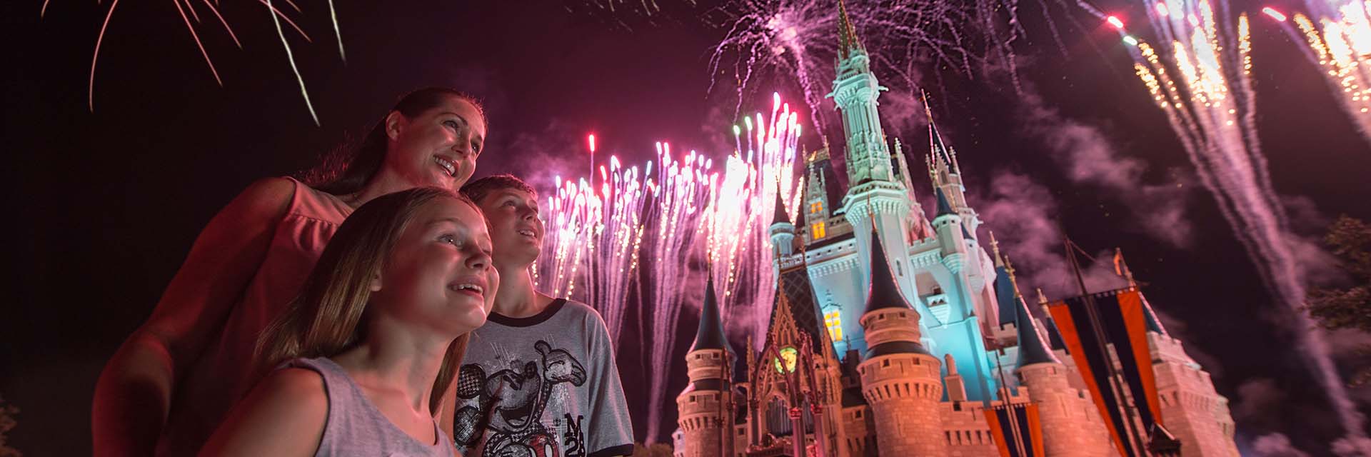 Fireworks at Magic Kingdom; brother and sister; mom